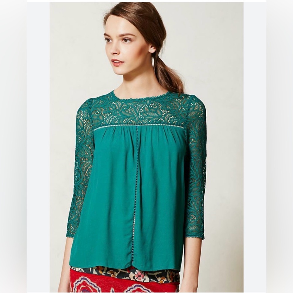 Moulinette Soeurs Anthropologie Green Lace Blouse